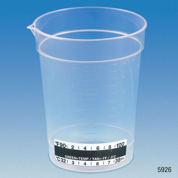 Globe Scientific Specimen Container, 6.5oz, with Attached Thermometer Strip, Pour Spout, PP, Graduated Beaker; Pour Spout; Collection Cup
